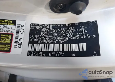 2008 Toyota Sienna Limited z USA, uszkodzony, nr VIN 5TDZK22C48S202773